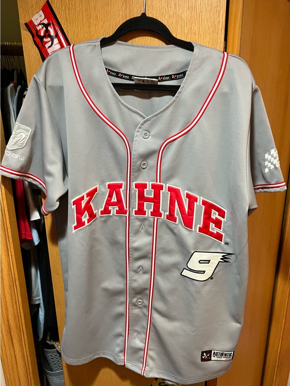 Chase Authentics Grey and Red KAHNE Baseball Jersey